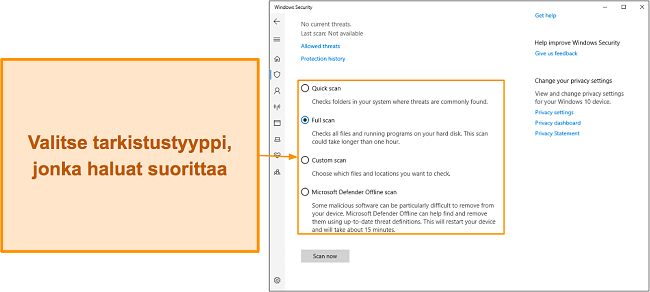 Kuvakaappaus Microsoft Defenderin erilaisista k&auml;ytett&auml;viss&auml; olevista skannaustyypeist&auml;