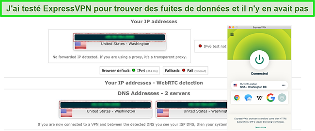 Capture d&rsquo;&eacute;cran d&rsquo;ExpressVPN r&eacute;ussissant un test de fuite IP, WebRTC et DNS lorsqu&rsquo;il est connect&eacute; &agrave; un serveur aux &Eacute;tats-Unis