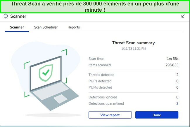 Revue de Malwarebytes mettant en &eacute;vidence l&rsquo;interface de la fonctionnalit&eacute; Threat Scan.