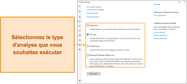 Capture d'&eacute;cran des diff&eacute;rents types d'analyse disponibles de Microsoft Defender