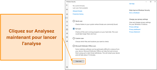 Capture d'&eacute;cran montrant comment d&eacute;marrer une analyse avec Microsoft Defender