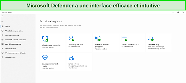 Capture d'&eacute;cran du menu principal de Microsoft Defender