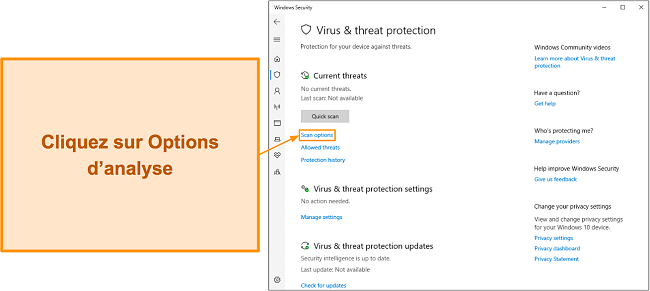 Capture d'&eacute;cran montrant comment acc&eacute;der aux options d'analyse de Microsoft Defender