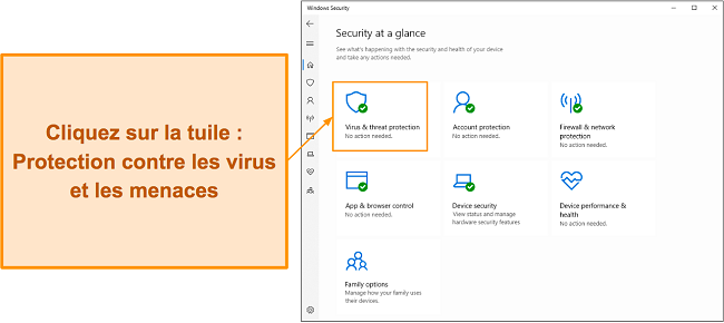 Capture d'&eacute;cran montrant comment ouvrir le menu de protection contre les virus et menaces de Microsoft Defender