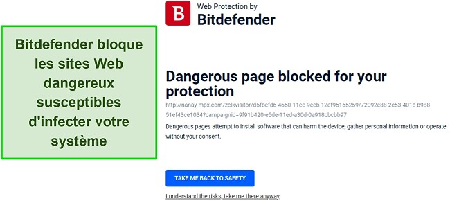 Revue de Bitdefender pr&eacute;sentant la fonctionnalit&eacute; de protection Web bloquant activement l'acc&egrave;s &agrave; un site Web potentiellement dangereux.