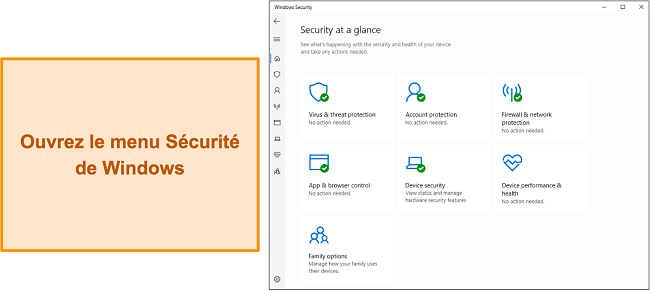 Capture d'&eacute;cran du menu principal de la s&eacute;curit&eacute; Windows