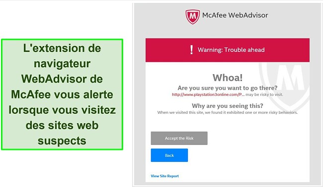 Capture d'&eacute;cran de l'interface de l'extension de navigateur McAfee WebAdvisor.