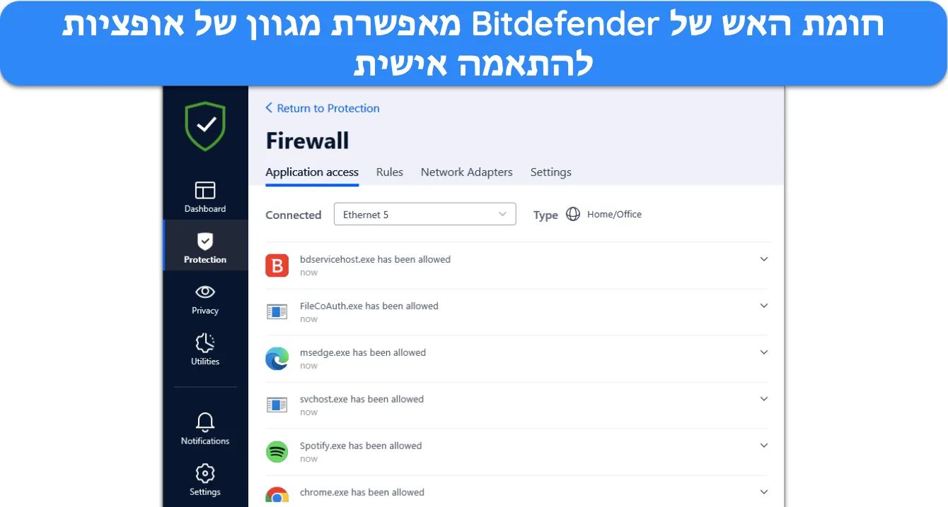 אתה יכול להתאים אישית את הגדרות חומת האש של Bitdefender לפי טעמך.