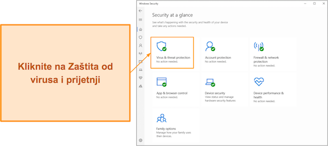 Snimka zaslona koja pokazuje kako otvoriti izbornik za&scaron;tite od virusa i prijetnji programa Microsoft Defender