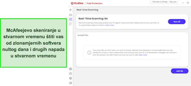 McAfee antivirusna recenzija koja prikazuje izbornik za skeniranje u stvarnom vremenu na engleskom jeziku.