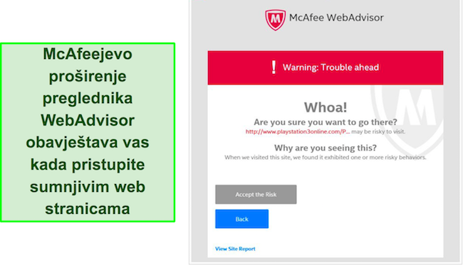 Snimka zaslona sučelja pro&scaron;irenja preglednika McAfee WebAdvisor.