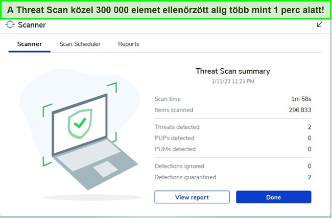 A Malwarebytes &aacute;ttekint&eacute;se kiemeli a Threat Scan funkci&oacute;fel&uuml;letet.