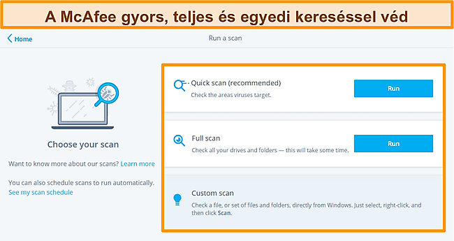 Pillanatk&eacute;p a McAfee v&iacute;ruskereső alkalmaz&aacute;sr&oacute;l gyors, teljes &eacute;s egy&eacute;ni vizsg&aacute;lati lehetős&eacute;gekkel.