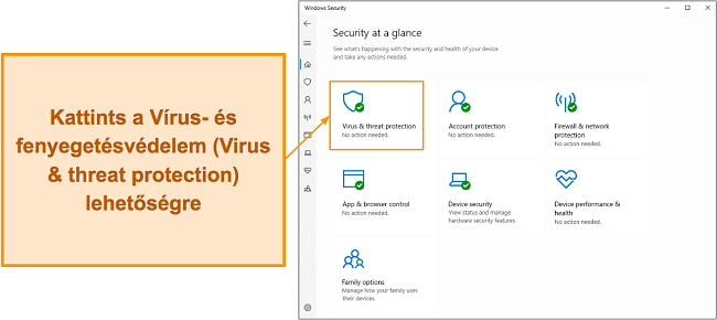 K&eacute;pernyők&eacute;p a Microsoft Defender V&iacute;rus- &eacute;s fenyeget&eacute;sv&eacute;delem men&uuml;j&eacute;nek megnyit&aacute;s&aacute;r&oacute;l