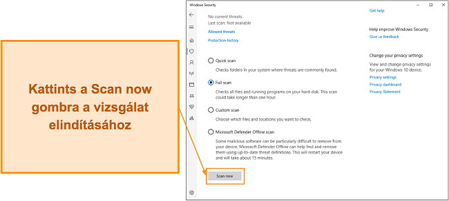 K&eacute;pernyők&eacute;p, amely bemutatja, hogyan ind&iacute;that&oacute; el a vizsg&aacute;lat a Microsoft Defenderrel