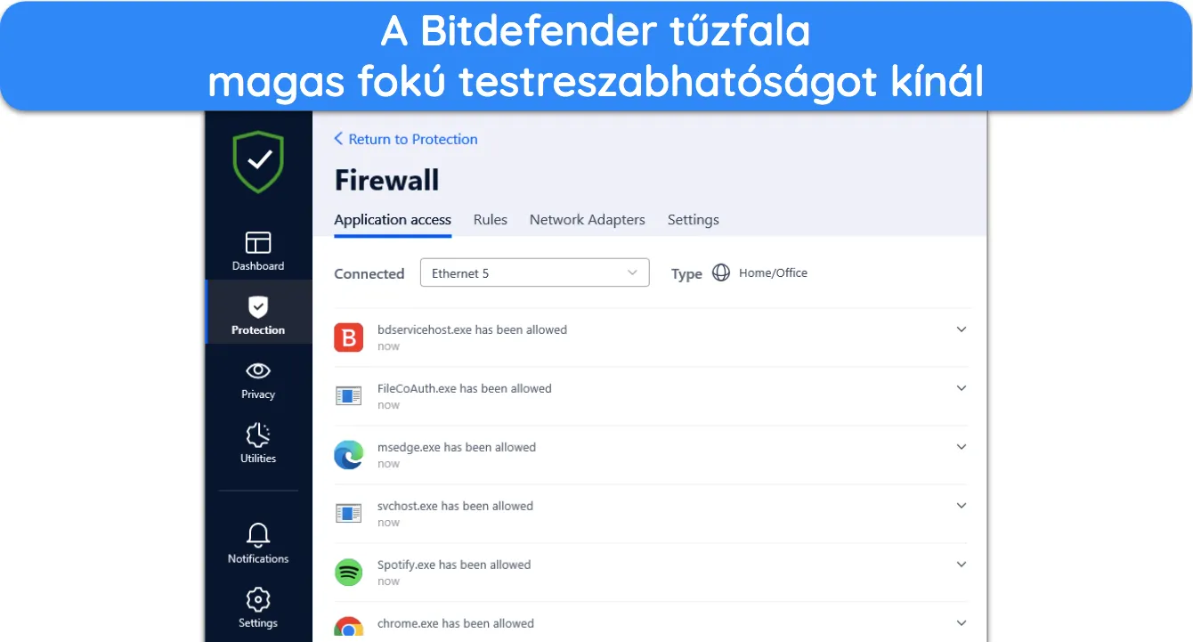A Bitdefender tűzfal be&aacute;ll&iacute;t&aacute;sait &iacute;zl&eacute;se szerint testreszabhatja.