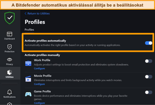 Pillanatk&eacute;p a Bitdefender Profiles be&aacute;ll&iacute;t&aacute;s&aacute;r&oacute;l, kiemelve az automatikus aktiv&aacute;l&aacute;st.