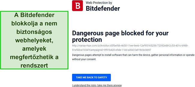 A Bitdefender &aacute;ttekint&eacute;se bemutatja a webv&eacute;delmi funkci&oacute;t, amely akt&iacute;van blokkolja a potenci&aacute;lisan k&aacute;ros webhelyekhez val&oacute; hozz&aacute;f&eacute;r&eacute;st.