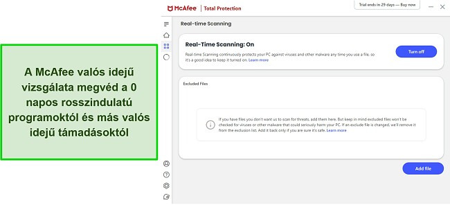 A McAfee v&iacute;ruskereső &aacute;ttekint&eacute;se a val&oacute;s idejű keres&eacute;s men&uuml;t jelen&iacute;ti meg angol nyelven.