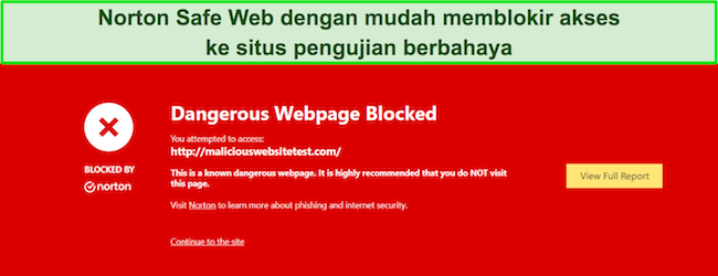 Ulasan Norton menunjukkan fitur keamanan di mana Safe Web memblokir akses ke situs pengujian malware.