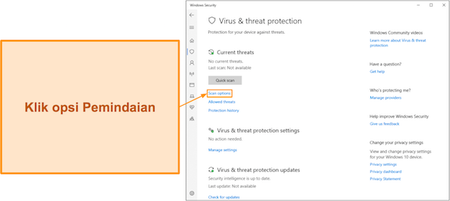 Cuplikan layar memperlihatkan cara mengakses opsi pemindaian Microsoft Defender