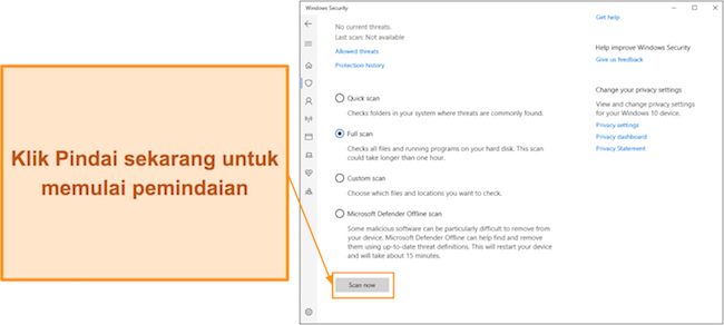 Cuplikan layar memperlihatkan cara memulai pemindaian dengan Pertahanan Microsoft