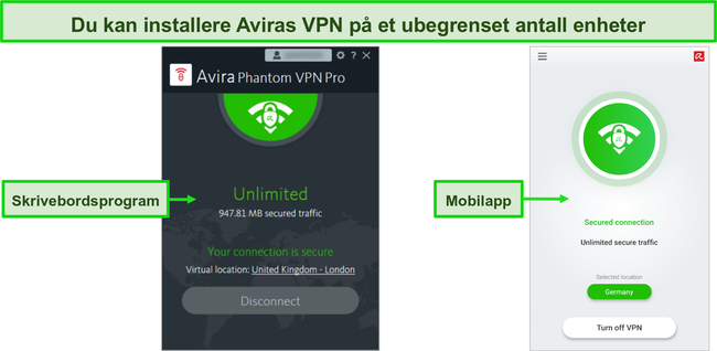 Skjermbilde av Avira Phantom VPN stasjon&aelig;re og mobile apper.