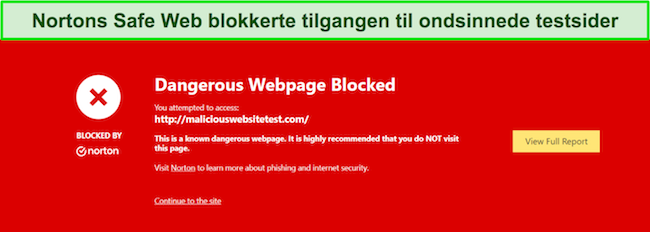 Norton-gjennomgang som viser sikkerhetsfunksjon der Safe Web blokkerer tilgang til testsider for skadelig programvare.