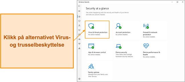Skjermbilde som viser hvordan du &aring;pner Microsoft Defenders Virus- og trusselbeskyttelsesmeny