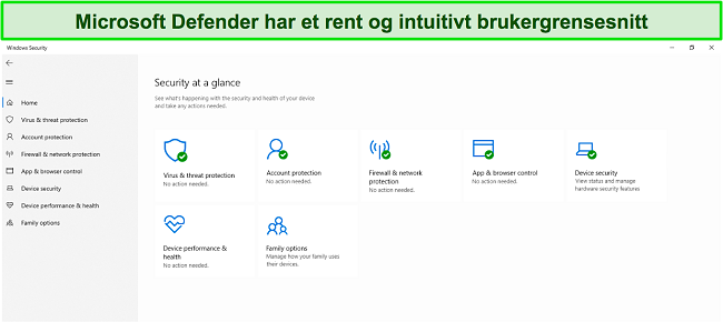 Skjermbilde av Microsoft Defenders hovedmeny