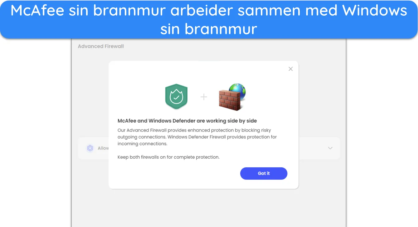 Skjermbilde som viser McAfee sin brannmur som fungerer med Windows sin brannmur.