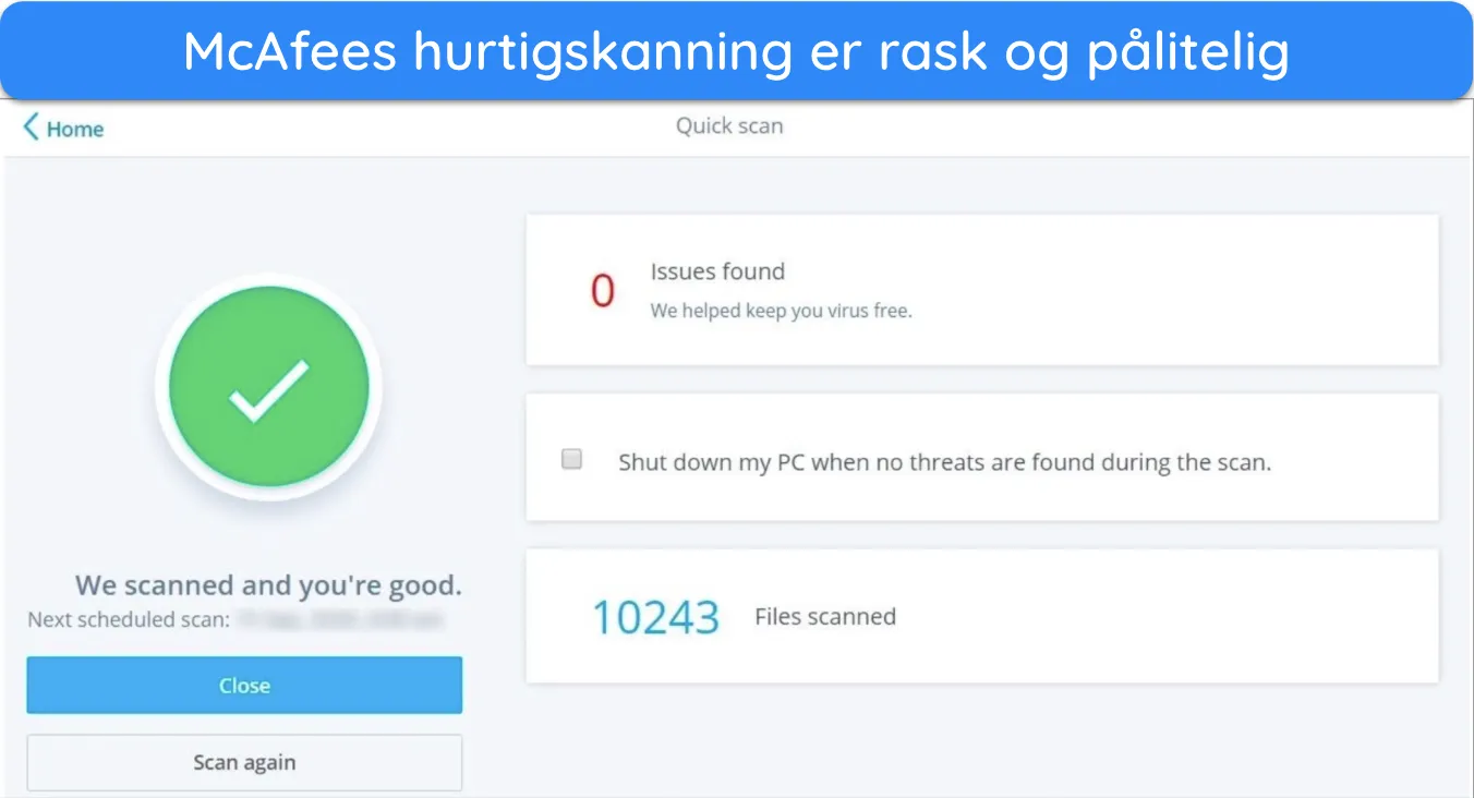 Skjermbilde som viser resultatene av McAfee's Quick Scan.