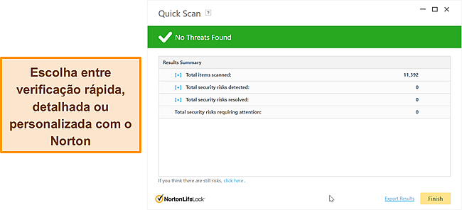Op&ccedil;&otilde;es de varredura anti-malware do Norton.