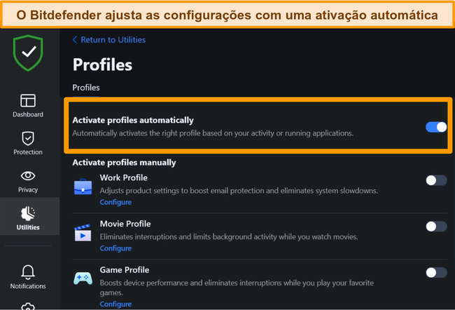 Captura de tela da configura&ccedil;&atilde;o de Perfis do Bitdefender com ativa&ccedil;&atilde;o autom&aacute;tica destacada.