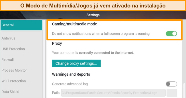 Captura de tela da localiza&ccedil;&atilde;o do Modo de Jogo do Panda em Configura&ccedil;&otilde;es Gerais.