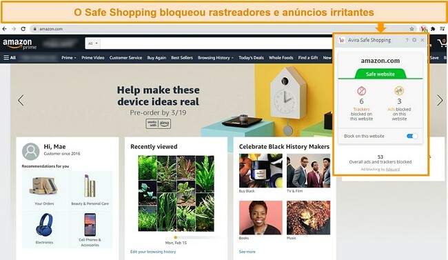 Captura de tela da extens&atilde;o do navegador Safe Shopping da Avira no Google Chrome.