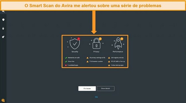 Captura de tela da p&aacute;gina de resultados do Avira Antivirus Smart Scan.