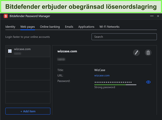 Sk&auml;rmdump av Bitdefenders l&ouml;senordshanterare.