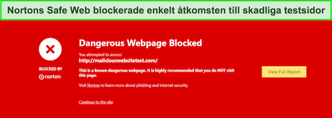 Norton-recension som visar s&auml;kerhetsfunktion d&auml;r Safe Web blockerar &aring;tkomst till testwebbplatser f&ouml;r skadlig programvara.