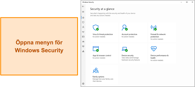 Sk&auml;rmdump av huvudmenyn i Windows S&auml;kerhet