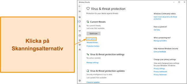 Sk&auml;rmdump som visar hur du kommer &aring;t Microsoft Defenders skanningsalternativ