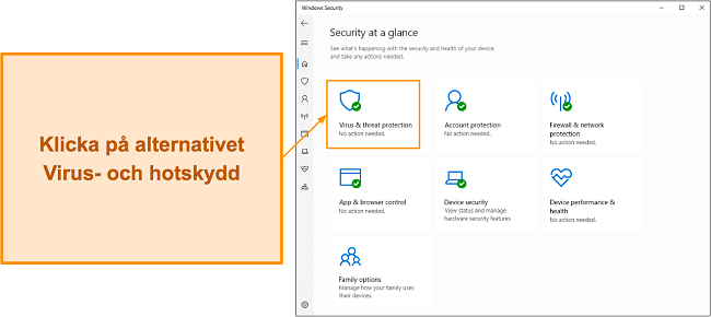 Sk&auml;rmdump som visar hur du &ouml;ppnar Microsoft Defenders virus- och hotskyddsmeny