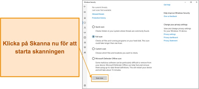 Sk&auml;rmdump som visar hur man startar en skanning med Microsoft Defender