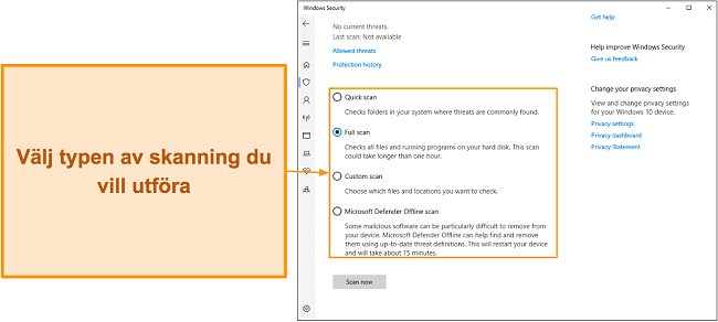 Sk&auml;rmdump av Microsoft Defenders olika tillg&auml;ngliga skanningstyper