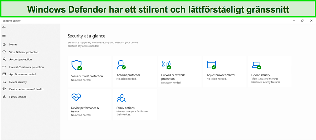 Sk&auml;rmdump av Microsoft Defenders huvudmeny