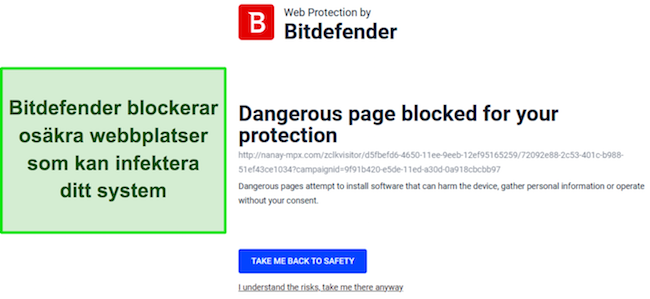 Bitdefender recension som visar webbskyddsfunktionen som aktivt blockerar &aring;tkomst till en potentiellt skadlig webbplats