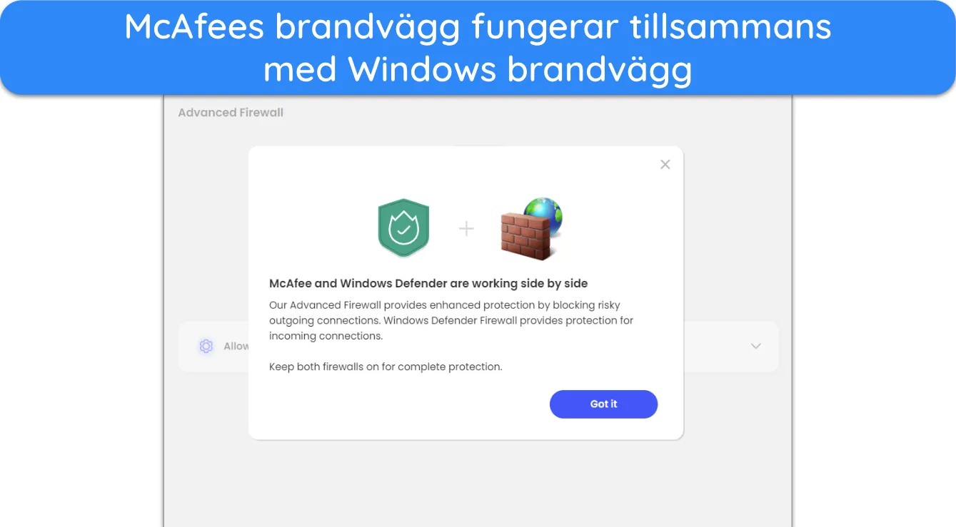 Sk&auml;rmdump som visar McAfees brandv&auml;gg som fungerar med Windows brandv&auml;gg.