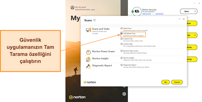 Norton'daki mevcut taramaları g&ouml;steren ekran g&ouml;r&uuml;nt&uuml;s&uuml;
