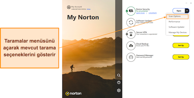 Norton'un taramalar men&uuml;s&uuml;n&uuml;n nasıl a&ccedil;ılacağını g&ouml;steren ekran g&ouml;r&uuml;nt&uuml;s&uuml;