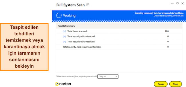 Norton'un Tam Sistem Taraması'nın devam ettiğini g&ouml;steren ekran g&ouml;r&uuml;nt&uuml;s&uuml;